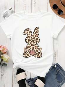 Camiseta con Estampado de Conejo y Leopardo para Mujer, Corte Holgado, Manga Corta, Estilo Casual, Moda de Verano, Camiseta con Patrón Animal - Blanco - Ver 3