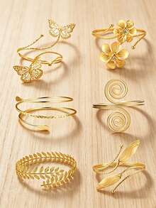 6pcs/Set Gold Butterfly & Flower Arm Cuff Bracelet, 6 Styles Adjustable Open Bangle, Luxury Resort Style Arm Decor For Women - Golden - View 1