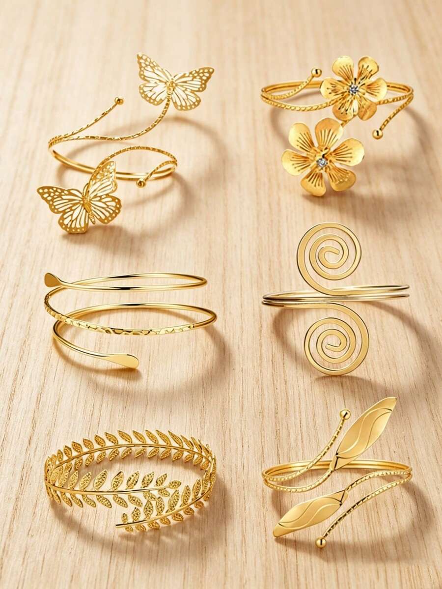 6pcs/Set Gold Butterfly & Flower Arm Cuff Bracelet, 6 Styles Adjustable Open Bangle, Luxury Resort Style Arm Decor For Women - Golden - View 1