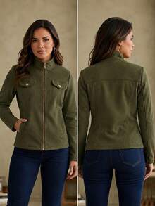 Slim Fit Jacket In Fleece Fabric, Wool Style, Faux Pockets, Winter Fashion, Party, São João (Saint John's Day), Office, Day-To-Night, , Premium, Blogger. - 軍綠色 - 查看 1