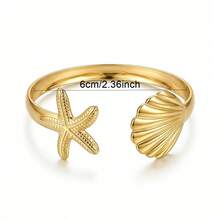 1 pieza Brazalete ajustable de metal con estrella de mar y concha de estilo vintage y marítimo, accesorio versátil para uso diario - Dorado - View 6
