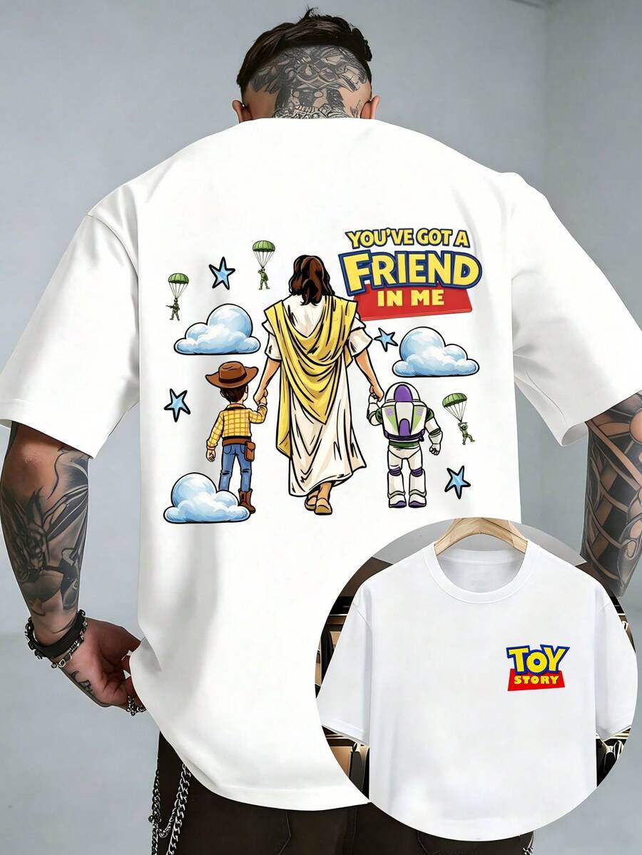 Officially Licensed Disney Toy Story You've Got A Friend In Me Jesus Woody Buzz Lightyear Graphic T‑Shirts For Men 100% Cotton Short Sleeve Crew Neck Faith Christian Religious Cartoon Oversized Streetwear Tee Inspirational Summer Casual Daily Faith Based Outfit - trắng - Xem 1
