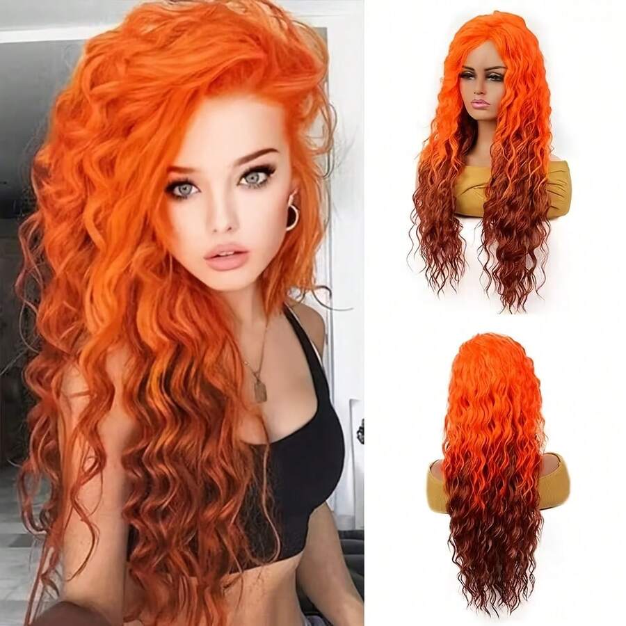Gradient Gray And Gold Curly Wig, Long Wavy With A Middle Part, Antique Dark Root Synthetic Wig, Women's Style, 80s Halloween Party Beginner-Friendly, Women's Wig, Suitable Parties Or Daily Use - E - Xem 1