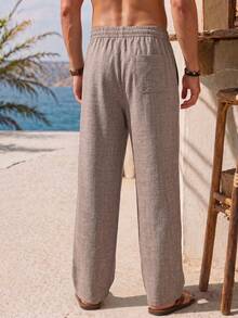 1pc Brown Faux Linen Textured Men's Long Pants, Men's Textured Wide Leg Long Pants, Men's Pants, Lightweight Breathable Fabric Loose Casual Fit, Vacation Style, Summer Beach Men's Casual Pants, Machine Washable, Suitable For Daily, Vacation, Beach And Multiple Occasions - Coffee Brown - View 5