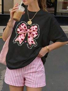 Women's Short-Sleeved T-Shirt With A Retro American "Heart With Pink Bow" Print, Loose-Fitting, Casual, Breathable, Round Neck, Versatile For Everyday Wear, Suitable For Urban Outings, Mexican Street Style. Ideal Gift For Lovers Of Mexico - 黑色 - 查看 7