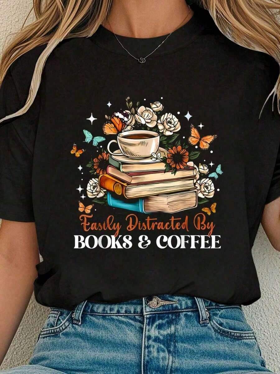 Easily Distracted By Books And Coffee, Retro Floral Print T-Shirt For Book Lovers, Casual Crew Neck Short Sleeve T-Shirt, Comfortable For Spring And Summer, Women's Clothing - 黑色 - 查看 1