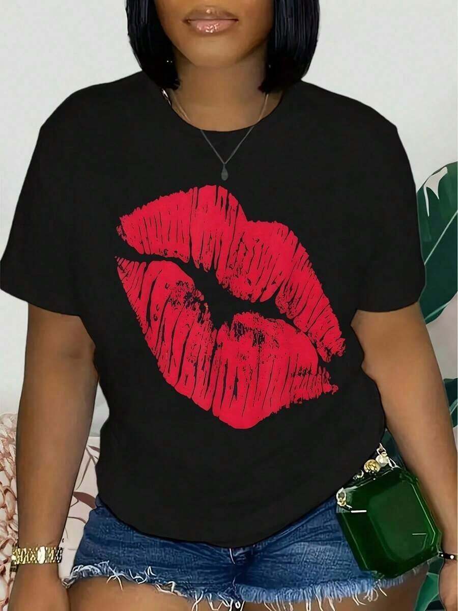 Lip Print T-Shirt, Short Sleeve, Round Neck, Casual Top, Summer And Spring, Women's Clothing, Women's T-Shirts - 黑色 - 查看 1