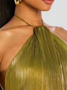 Metallic Pleated Halter Maxi Dress, Ruched Waist With Front Slit, Elegant Evening Gown For Prom & Weddings - Gold - View 2