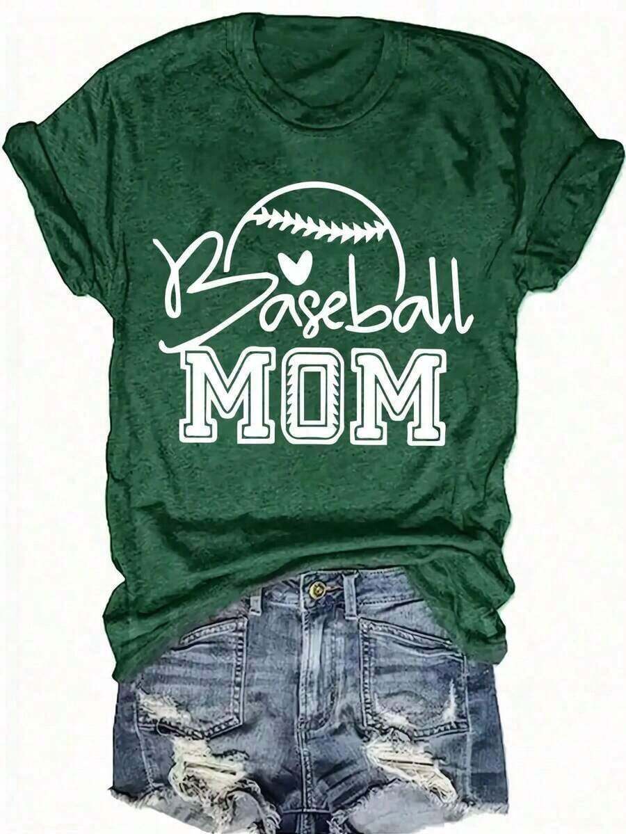 Women's 2026 World Cup T-Shirt, Casual Style With "Baseball Mom" Graphic Design - Black Crew Neck T-Shirt With Baseball And Heart Design, For All Seasons, Casual Wear | Baseball Theme | Durable, Loose And Comfortable Fabric, Printed, Women's Clothing, Summer Blouses For Women. - 綠色 - 查看 1