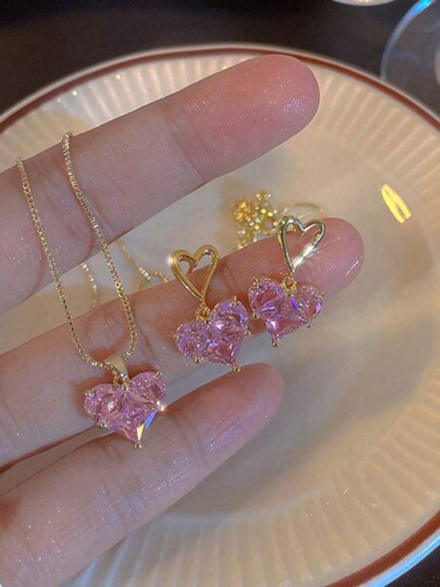 3pcs/Set Rhinestone Heart Pendant Necklace And Earrings Set, Holiday Gift For Friends And Girlfriends - Style 2 - View 1