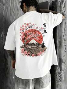 The Hottest Item Of The Summer: Men's Short-Sleeved Crew Neck T-Shirt With Embroidered Sakura And Mountain Print, Minimalist Summer Fashion. | Basic Casual Urban Style T-Shirt, Boyfriend Gift, Stylish, Popular, Party T-Shirt. - 白色 - 查看 8
