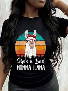She's A Bad Mama Llama, Retro Vintage T-Shirt With Funny Llama Graphic For Women And Girls, Casual Wear, Gift Idea. - 黑色 - 查看 7
