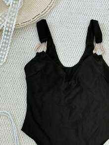 Elegant Black One-Piece Swimsuit With Thick Shoulder Straps For Women, Stylish And Casual, Perfect For Spring And Summer Beach Getaways And Parties - Black - View 5