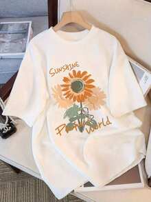 Women's Korean Style White T-Shirt, Modern And Minimalist, Plus Size - Short Sleeve T-Shirt With Sunflower Print, Floral Design In Beige/Brown/Orange/Yellow, Casual Summer Shirt Suitable For Beach And Daily Wear (No Chest Padding) Casual For Everyday. - 白色 - 查看 7