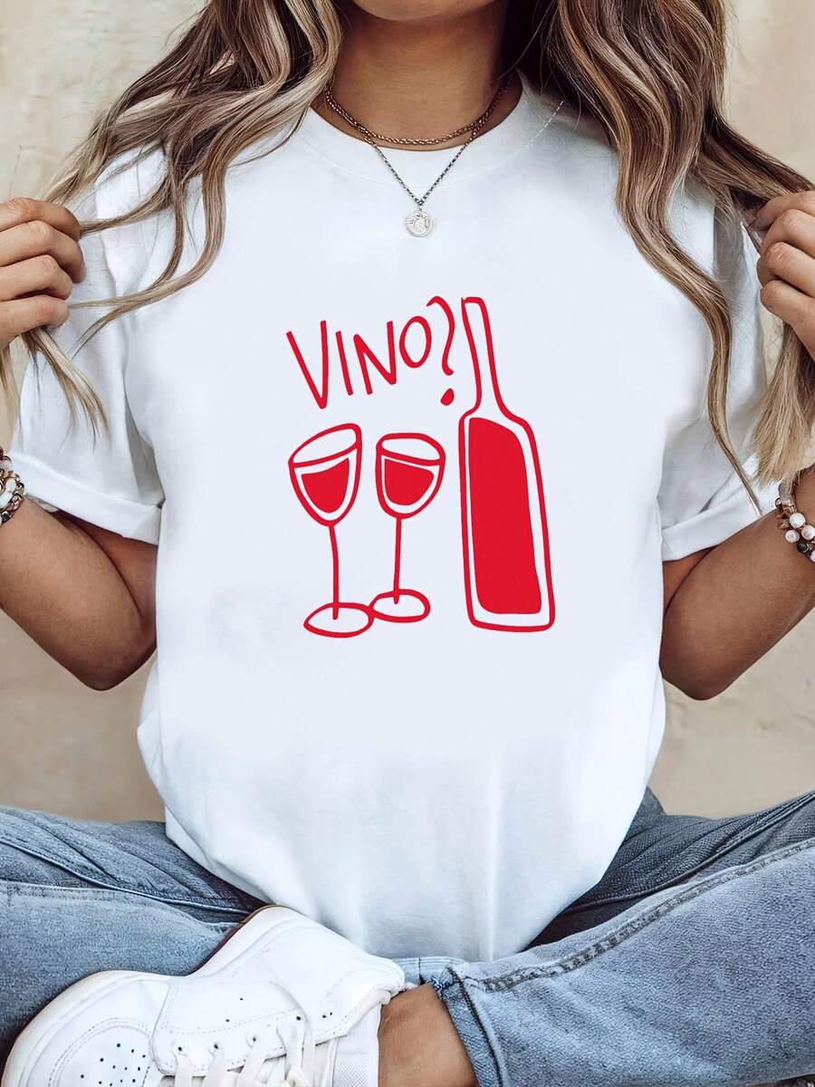 Modern And Minimalist T-Shirt, With A Simple Illustration Of Red Wine And A Letter Pattern, White Short-Sleeved Printed T-Shirt, Casual Style, Fashionable Design, Versatile For Everyday Use, Modern And Casual. - 白色 - 查看 1