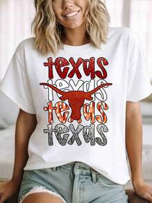 Women's Texas State Pride Longhorn Graphic T-Shirt, Casual Wear, Festival Outfit, Country Style, Cotton T-Shirt, Summer Fashion - 白色 - 查看 8