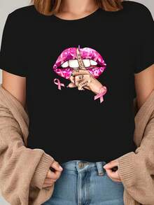 Women's T-Shirt With Heart And Lips Print On Pink Ribbon, Casual Style, Round Neck, Short Sleeve, Supports Breast Cancer Awareness - Unisex Loose Cotton T-Shirt, Urban Vintage Style, Round Neck And Short Sleeve. - 黑色 - 查看 1