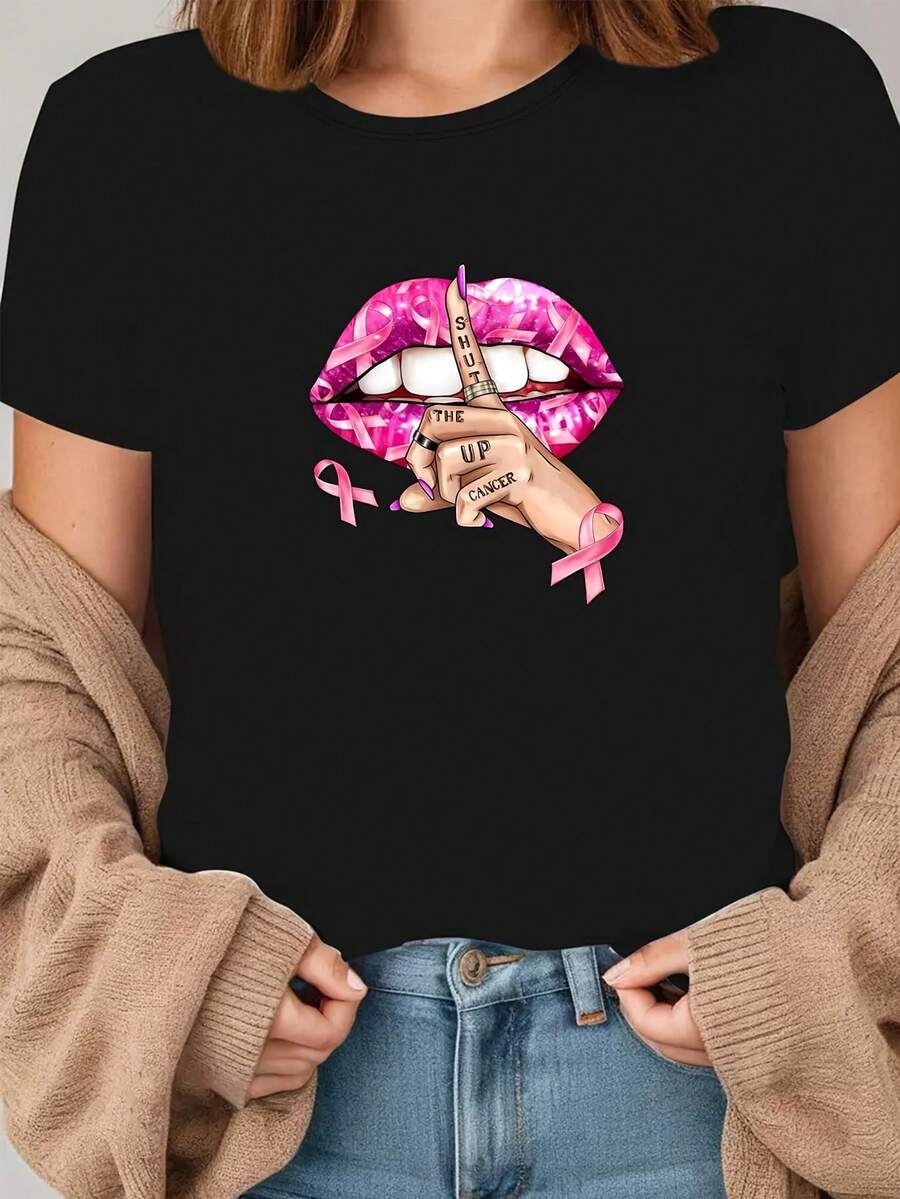 Women's T-Shirt With Heart And Lips Print On Pink Ribbon, Casual Style, Round Neck, Short Sleeve, Supports Breast Cancer Awareness - Unisex Loose Cotton T-Shirt, Urban Vintage Style, Round Neck And Short Sleeve. - 黑色 - 查看 1