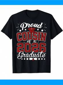 1 pieza Camiseta con diseño de graduado de 2026 y gorro de graduación con brillantina para hombre y mujer, cómoda, de cuello redondo, manga corta, transpirable, que absorbe la humedad, casual, cómoda, a la moda, para fiestas de verano, 180g, 100% algodón. - Negro - Ver 1