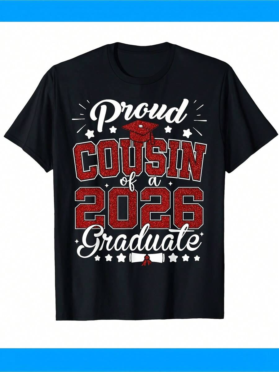 1 pieza Camiseta con diseño de graduado de 2026 y gorro de graduación con brillantina para hombre y mujer, cómoda, de cuello redondo, manga corta, transpirable, que absorbe la humedad, casual, cómoda, a la moda, para fiestas de verano, 180g, 100% algodón. - Negro - Ver 1