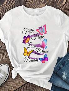 Plus Size - Women's T-Shirt With "Butterfly" Print, Casual Loose Fit, Short Sleeve, Round Neck, Medium Elasticity, Vivid Floral And Butterfly Pattern Design, Fashionable Spring Summer Autumn T-Shirt, Butterfly T-Shirt - 白色 - 查看 1