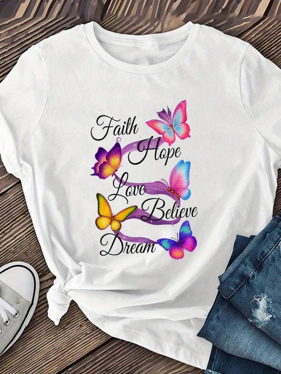 Plus Size - Women's T-Shirt With "Butterfly" Print, Casual Loose Fit, Short Sleeve, Round Neck, Medium Elasticity, Vivid Floral And Butterfly Pattern Design, Fashionable Spring Summer Autumn T-Shirt, Butterfly T-Shirt - 白色 - 查看 1