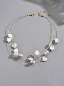 1pc Women's Retro Fashion Heart-Shaped Faux Pearl Copper Wire Multi-Layer Necklace, Personalized Versatile Choker Suitable For Party Wear - Multicolor - View 3
