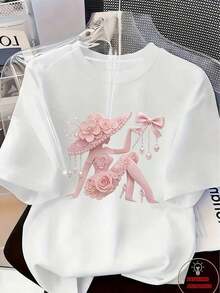 Women's Pink T-Shirt With 3D Floral Print And Pearls, Round Neck, Short Sleeve, Slim Fit, Casual Style For Spring Summer - Unisex Vintage Urban Style, Short Sleeve Cotton T-Shirt With Round Neck - 白色 2 - 查看 6