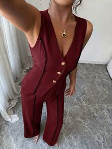 LUNNELUX Women Fall Burgundy 2 Pieces Outfits, V Neck Sleeveless Button Vest & High Waist Wide Leg Pants Set, Christmas Party Outfit - Burgundy - View 6