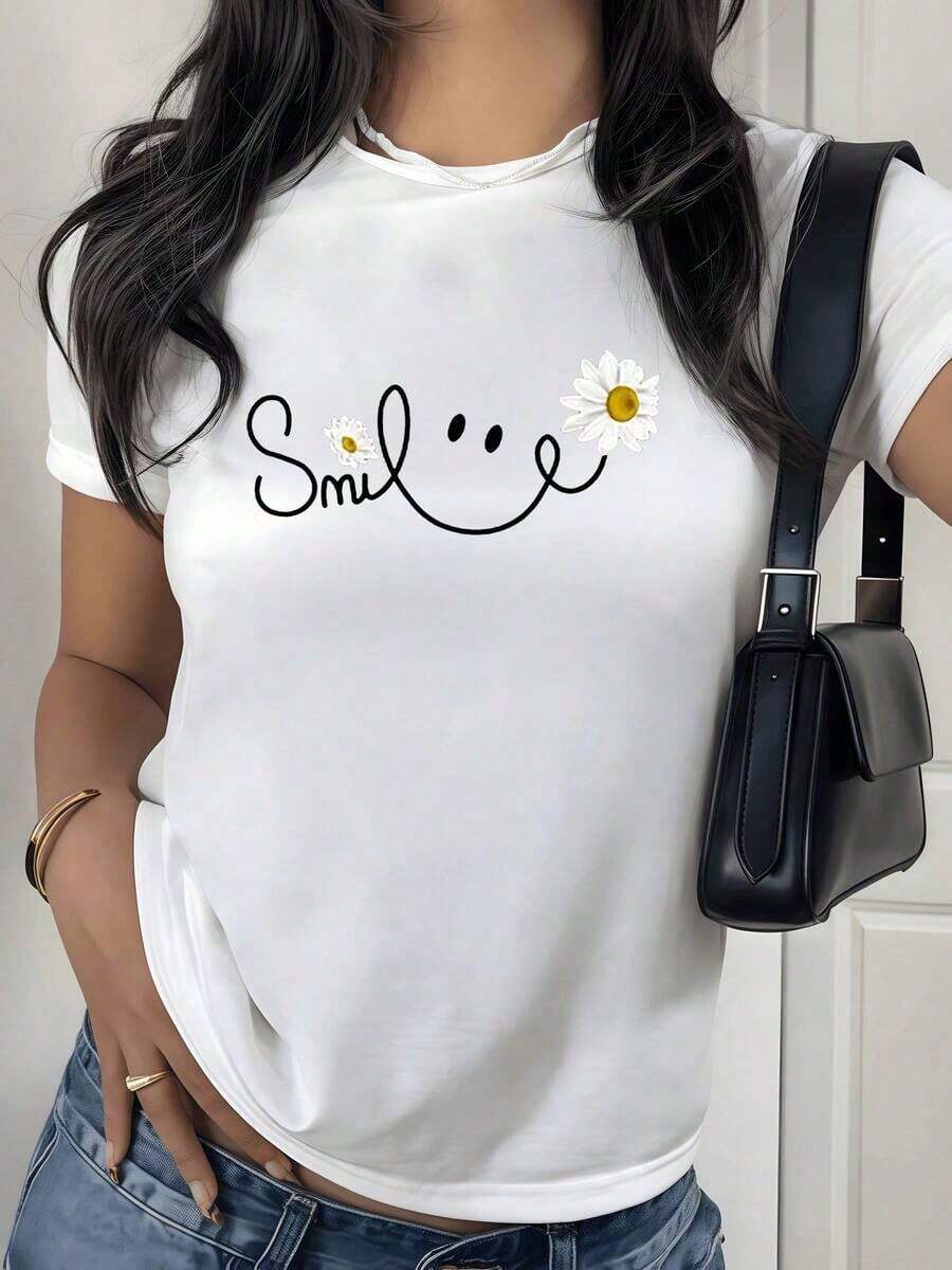 Short Sleeves With Digital Daisy Print And Motivational Phrase. 1 Unit, 100% Cotton, Floral Theme. Women's Round Neck T-Shirt, 220 Grams, Modern Style, Casual Design. Leisure - 白色 - 查看 1