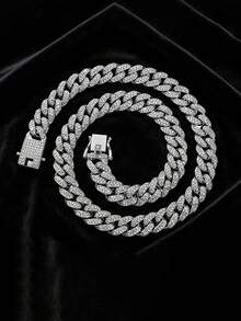 1pc 15mm Shiny Chunky Chain Design Rhinestone Inlaid Hip Hop Style Bracelet + Necklace Set, Suitable For Daily Outfit And Party Decoration - 13mm Dragon Beard Buckle - View 21