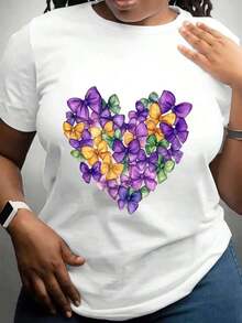 Women's T-Shirt, Floral Heart Print, Spring/Summer Fashion, New Arrivals, Women's Clothing, Gifts For Women - 白色 - 查看 1
