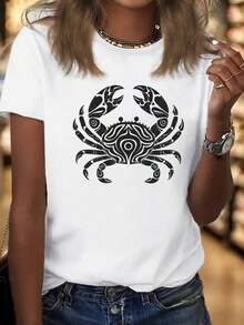 100% Cotton Women's Casual Short Sleeve T-Shirt With Crab Print - Short Sleeve, Round Neck, White With Black Floral Crab Design, Lightweight And Breathable Fabric For Spring/Summer. Women's Simple Solid Color T-Shirt, Loose And Slim Fit Casual Short Sleeve - 白色的 - 查看 1
