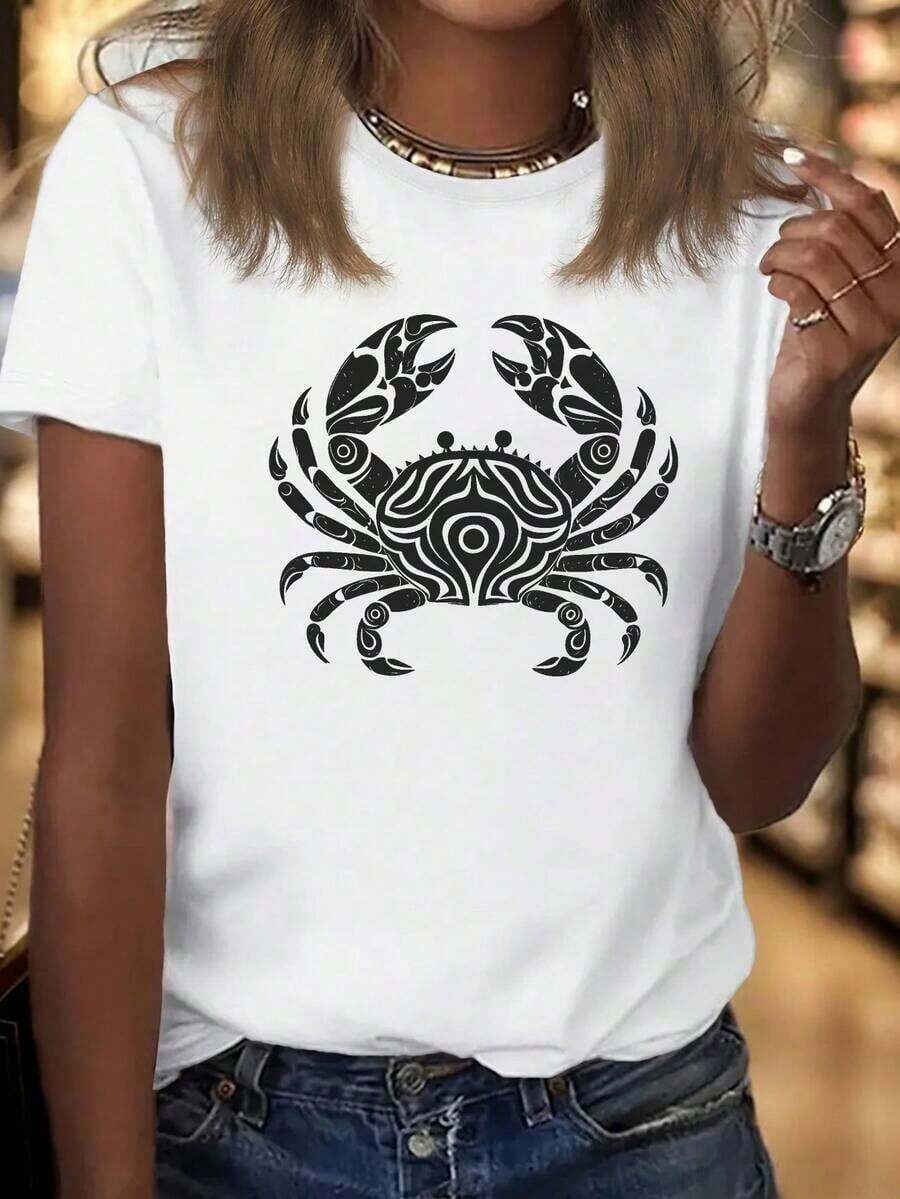 100% Cotton Women's Casual Short Sleeve T-Shirt With Crab Print - Short Sleeve, Round Neck, White With Black Floral Crab Design, Lightweight And Breathable Fabric For Spring/Summer. Women's Simple Solid Color T-Shirt, Loose And Slim Fit Casual Short Sleeve - 白色的 - 查看 1