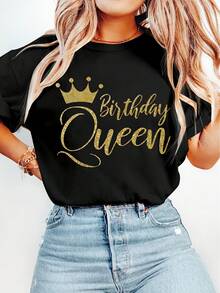 Elegant Short-Sleeved Top For Women With "Birthday Queen" Inscription, Crown Decoration, Serial Print, Soft And Stretchy Round Neck, Ideal For Everyday Wear And Holidays In Spring, Summer And Autumn, Available In [Size Missing], Modern And Breathable Design, A Must-Have For Fashion Lovers. Elegant Party Outfit, T-Shirt For Elegant Ladies, Blouses Suitable For Curvy Women, Casual Wear, Cool And Sweat-Free Summer Clothing, Fun Letter Print. - 黑色 - 查看 6