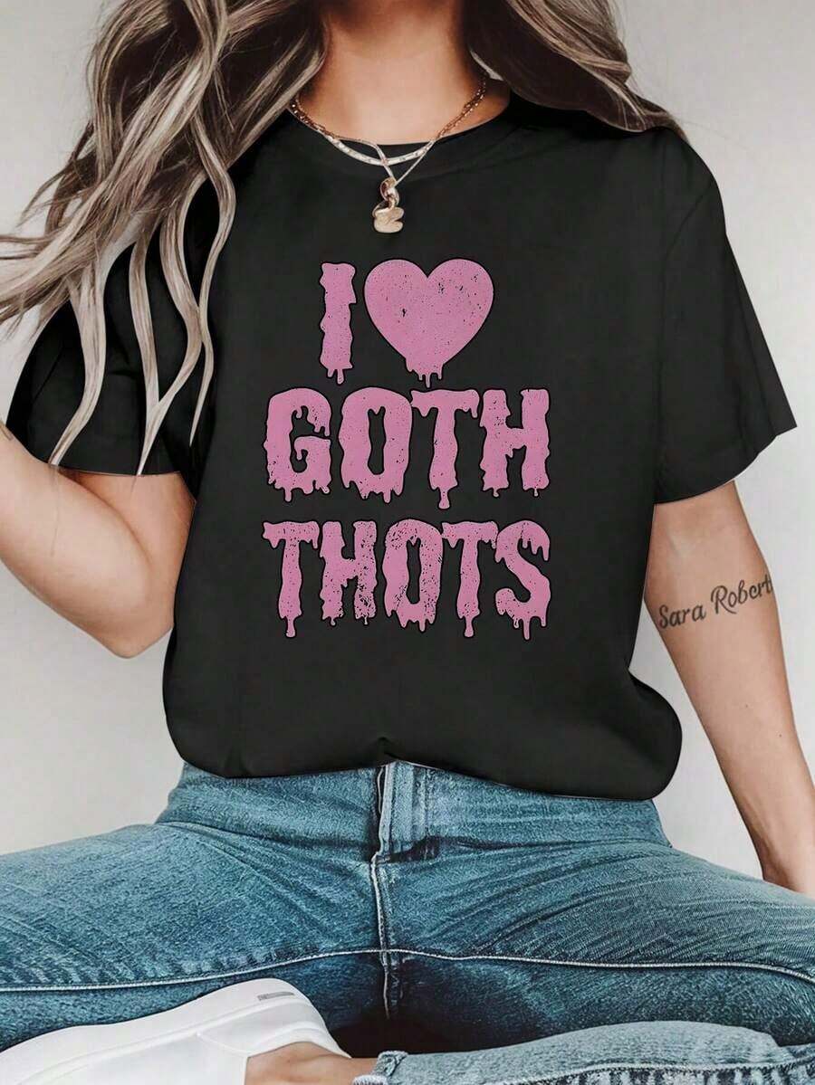 Women's Casual Black Short Sleeve T-Shirt With Pink Heart And "I GOTH THOTS" Letter Print - Urban Fashion Top For Spring/Summer, Machine Washable Women's Blouses > Clothing - 黑色 - 查看 1