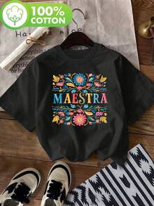 Floral Print T-Shirt For Day Of The Dead Teacher - Casual Round Neck T-Shirt, Ultra Soft, Breathable, With Summer Print, Short Sleeve, Suitable For Summer And Spring, Women's Clothing, Blouses For Women. - 黑色 - 查看 7
