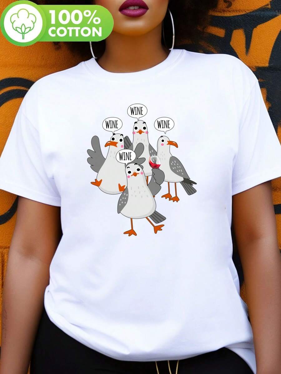 Cartoon Seagull Design T-Shirt With Bubble-Shaped Wine Label - Casual Short Sleeve, Ultra-Soft And Breathable, Women's Summer T-Shirt, Relaxed And With A Touch Of Humor, Perfect Gift For Wine Lovers And As A Fun Garment For Women. - 白色 - 查看 1