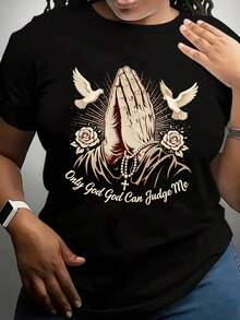 Women's Short-Sleeved T-Shirt With A Print Of Praying Hands, A Dove, And A Rose; Casual Black Round-Neck T-Shirt; Elastic, Machine Washable, Suitable For Sports And Leisure In Spring/Summer/Autumn. - 黑色 - 查看 6