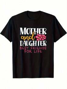 Soft 100% Cotton Women's T-Shirt, Matching Mother And Daughter T-Shirt - Black Short-Sleeved Top With A Soft Round Neck, Floral And Heart Design, White And Pink Lettering - Mother's Day Gift, Comfortable Casual Wear For All Seasons, Sentimental Keepsake For Birthdays And Family. Breathable Cotton T-Shirt, Goes With Everything. - 黑色 - 查看 1