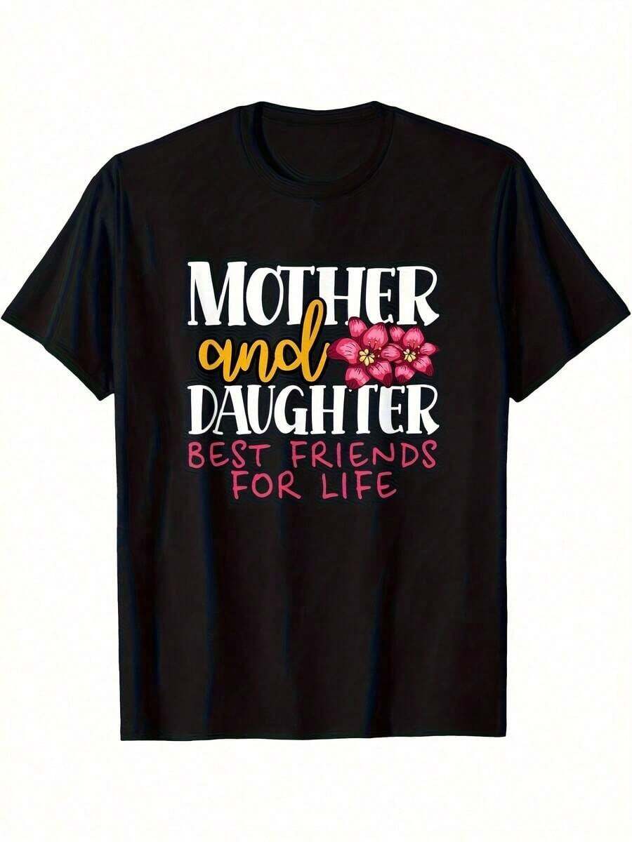 Soft 100% Cotton Women's T-Shirt, Matching Mother And Daughter T-Shirt - Black Short-Sleeved Top With A Soft Round Neck, Floral And Heart Design, White And Pink Lettering - Mother's Day Gift, Comfortable Casual Wear For All Seasons, Sentimental Keepsake For Birthdays And Family. Breathable Cotton T-Shirt, Goes With Everything. - 黑色 - 查看 1