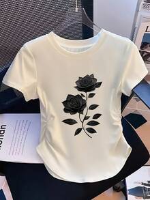 Black Rose Art Print - Y2K Style - Women's Small Size Slim Fit Solid Color T-Shirt, Casual And Sporty Style, With Detailed Pleats At Waist, Round Neck, Short Sleeves, Suitable For Four Seasons. - 白色2號 - 查看 2