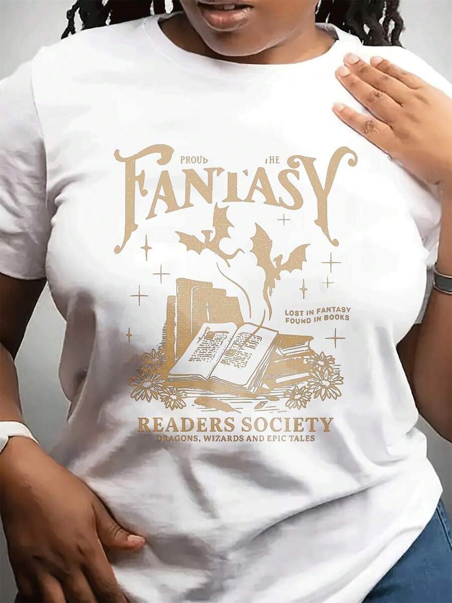 Plus Size Women's Clothing, Plus Size Women's Book-Themed T-Shirt -- Short Sleeve Crew Neck T-Shirt Printed With Readers Association, Slightly Stretchy, Casual, A Suitable Gift For Book Lovers, Casual Holiday Wear, Machine Washable. - 白色 - 查看 1