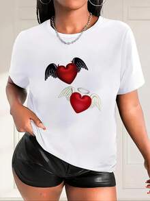 Women's T-Shirts With A Fun Angel And Devil Heart Design - Casual Round Neck, Short Sleeves, Breathable Top For Spring And Summer, Stylish, Relaxed, Soft, Lightweight And Comfortable, Suitable For Daily Wear And Outdoor Activities. - 白色 - 查看 1