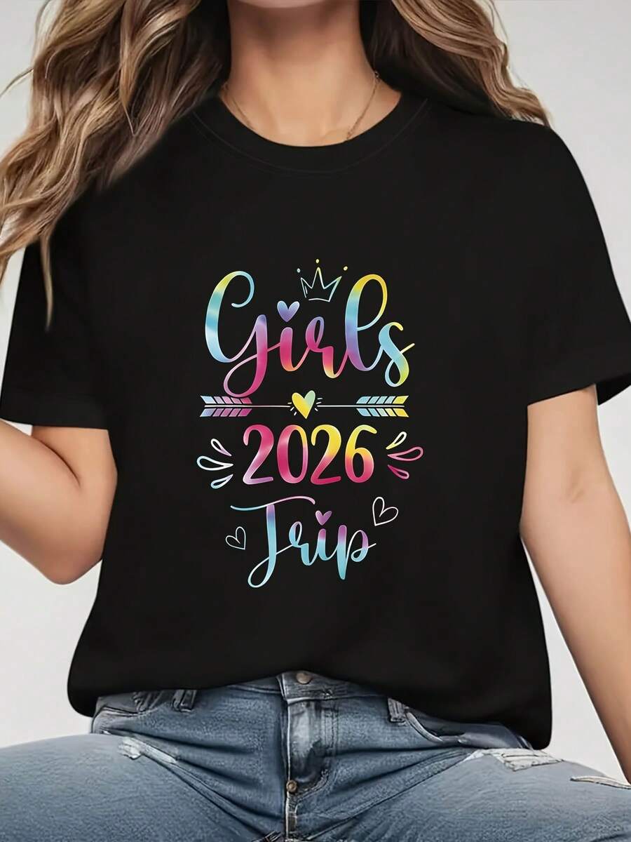 Women's T-Shirt With Letter Print And Gradient Design With Travel Theme 2026, Casual Short Sleeve Round Neck Top For Summer And Spring, Women's Clothing, Casual Printed Short Sleeve Round Neck T-Shirt, Spring/Summer Local Urban Fashion. - 黑色 - 查看 1