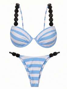 Bikini de mujer con tirantes de cuentas a rayas azules, estilo europeo y americano, para vacaciones y playa de verano - Multicolor - Ver 2