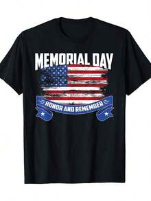 Men's And Women's Memorial Day Patriotic Graphic T-Shirt - Cotton, Short Sleeve, Crew Neck, American Flag Design, With Honor And Memory Ribbon, Casual And Comfortable Fit, Adult Casual Wear, Knit Texture With Geometric Pattern, Plus Size Cotton - 黑色 - 查看 1