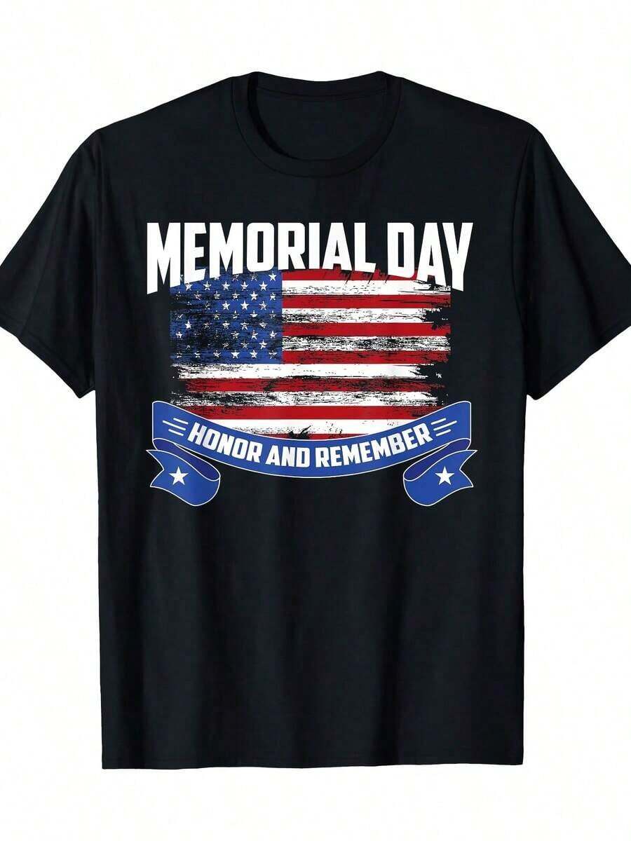 Men's And Women's Memorial Day Patriotic Graphic T-Shirt - Cotton, Short Sleeve, Crew Neck, American Flag Design, With Honor And Memory Ribbon, Casual And Comfortable Fit, Adult Casual Wear, Knit Texture With Geometric Pattern, Plus Size Cotton - 黑色 - 查看 1