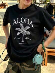 1 Pieza de Camiseta Casual de Moda para Hombres y Mujeres, Talla Grande, para Mujer, "Aloha Good Vibes Palmera" - Negra con Estampado Tropical Positivo. Versátil, fácil de combinar, adecuada para uso diario, estilo urbano, ropa de vacaciones, ropa de fin de semana. - Negro - Ver 7