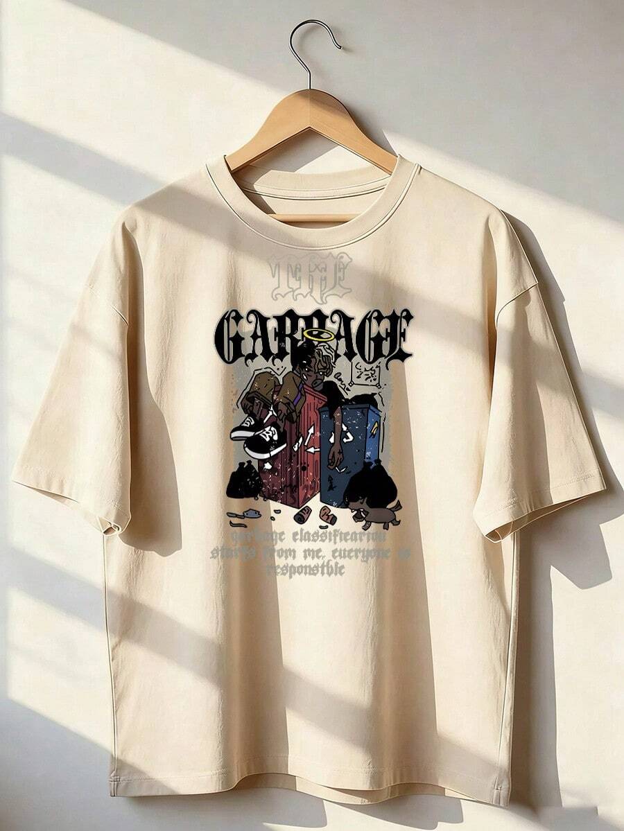 T-Shirt With "GARBAGE" Text And Dark Urban Graphic, Short-Sleeved T-Shirt For Spring And Summer 2026, Made In Mexico, 180 Grams. Cartoon Print, Couple Design, Suitable For Indoor Or Outdoor Wear. Crew Neck, Unisex, Ideal For Office And Leisure. One-Pack. - APR-P631577SLNDXZGY620 - 查看 1
